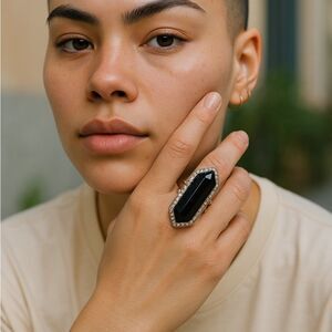 Vintage Style Black Hexagon Cocktail Ring w/ Rhinestones Silver Tone